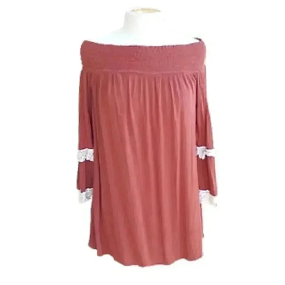 Daises Boho Burnt Orange Cream Lace Flared Sleeve Off The Shoulder Tunic Top M - Picture 1 of 6
